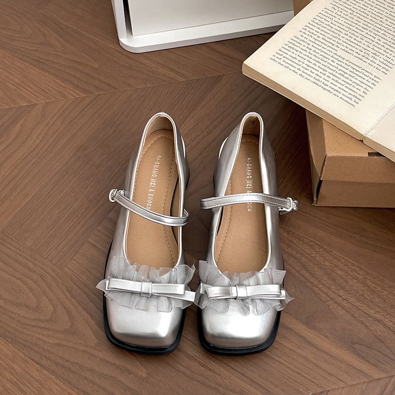 Heel Pumps Jane Toe Frill Square Chunky Trim Mary Bow