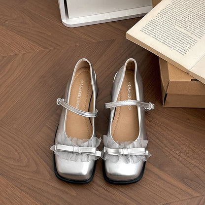 Heel Pumps Jane Toe Frill Square Chunky Trim Mary Bow