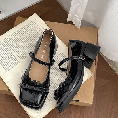 Heel Pumps Jane Toe Frill Square Chunky Trim Mary Bow