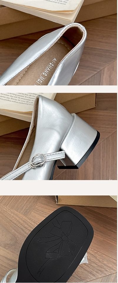 Heel Pumps Jane Toe Frill Square Chunky Trim Mary Bow