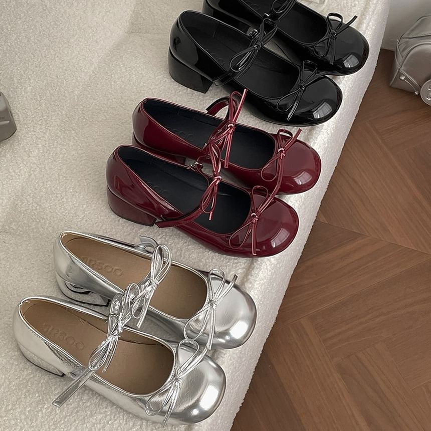 Leather Jane Chunky Pumps Heel Mary Faux Bow