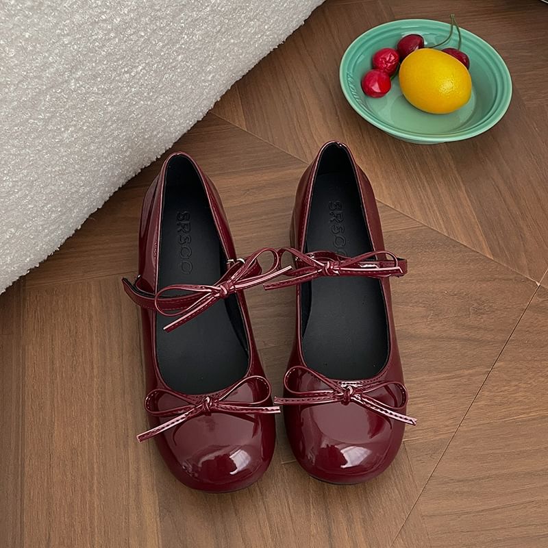 Leather Jane Chunky Pumps Heel Mary Faux Bow