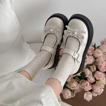 Jane Bow Trim Leather Patent Shoes Lace Platform Mary