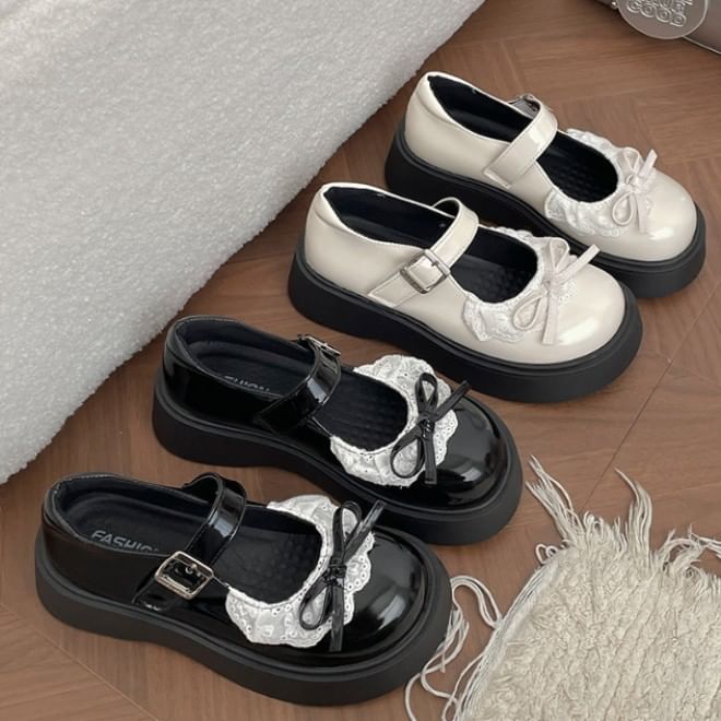 Jane Bow Trim Leather Patent Shoes Lace Platform Mary