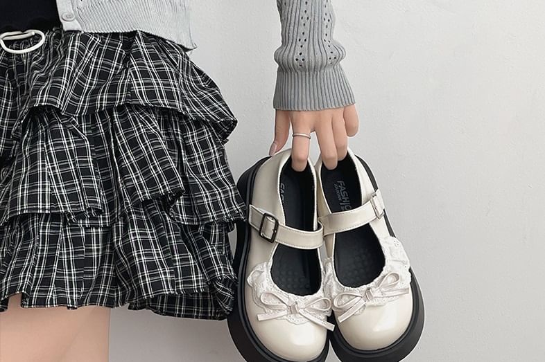 Jane Bow Trim Leather Patent Shoes Lace Platform Mary