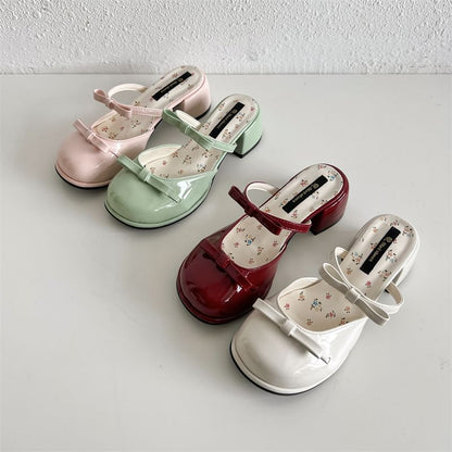 Patent Bow Leather Sandals Chunky Heel