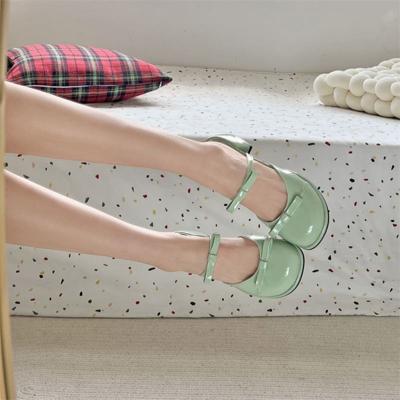 Patent Bow Leather Sandals Chunky Heel