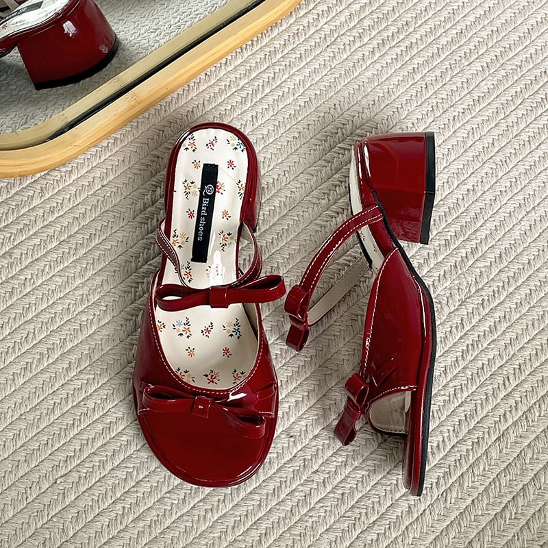 Patent Bow Leather Sandals Chunky Heel
