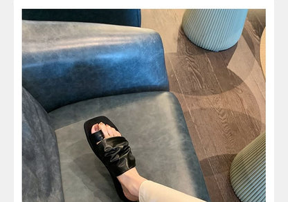 Square Faux Sandals Loop Toe Ruched Leather Slide