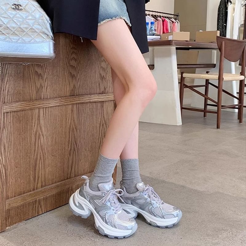 Genuine Panel Sneakers Platform Leather Lace-Up Mesh