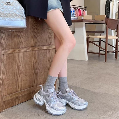 Genuine Panel Sneakers Platform Leather Lace-Up Mesh