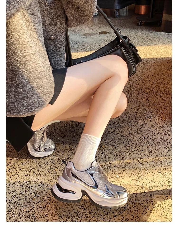 Genuine Panel Sneakers Platform Leather Lace-Up Mesh