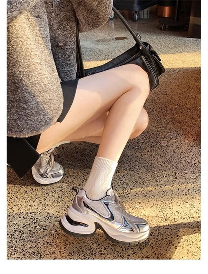 Genuine Panel Sneakers Platform Leather Lace-Up Mesh