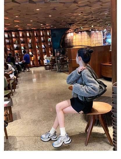 Genuine Panel Sneakers Platform Leather Lace-Up Mesh