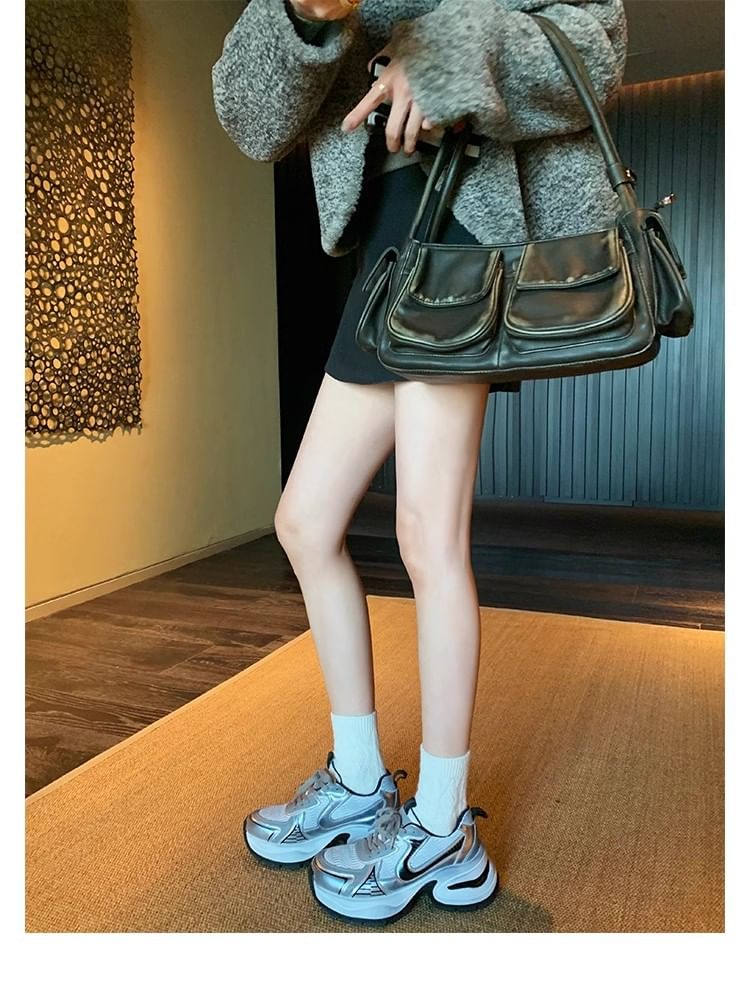 Genuine Panel Sneakers Platform Leather Lace-Up Mesh