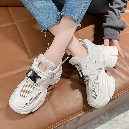 Mesh Buckled Platform Sneakers Lace-Up