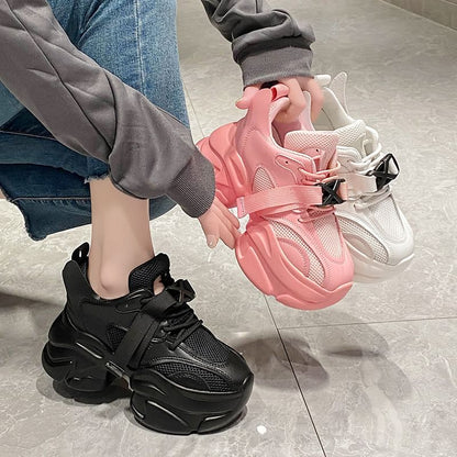 Mesh Buckled Platform Sneakers Lace-Up