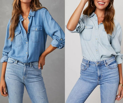 Long Denim Loose-Fit Shirt V-Neck Sleeve