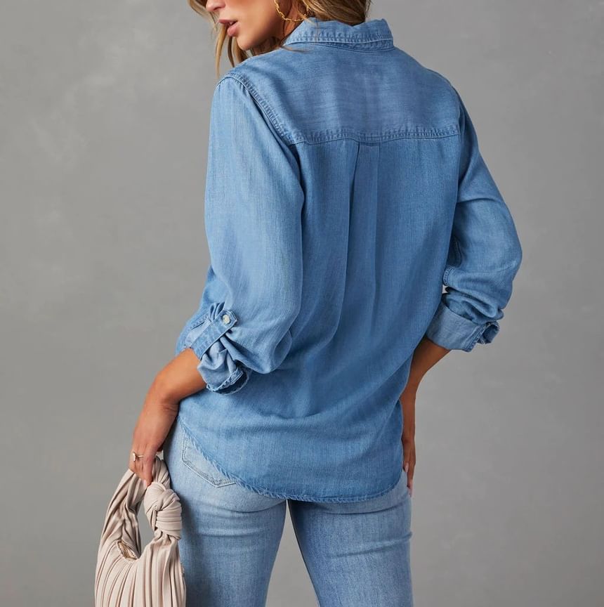 Loose-Fit Shirt Denim Sleeve Long V-Neck