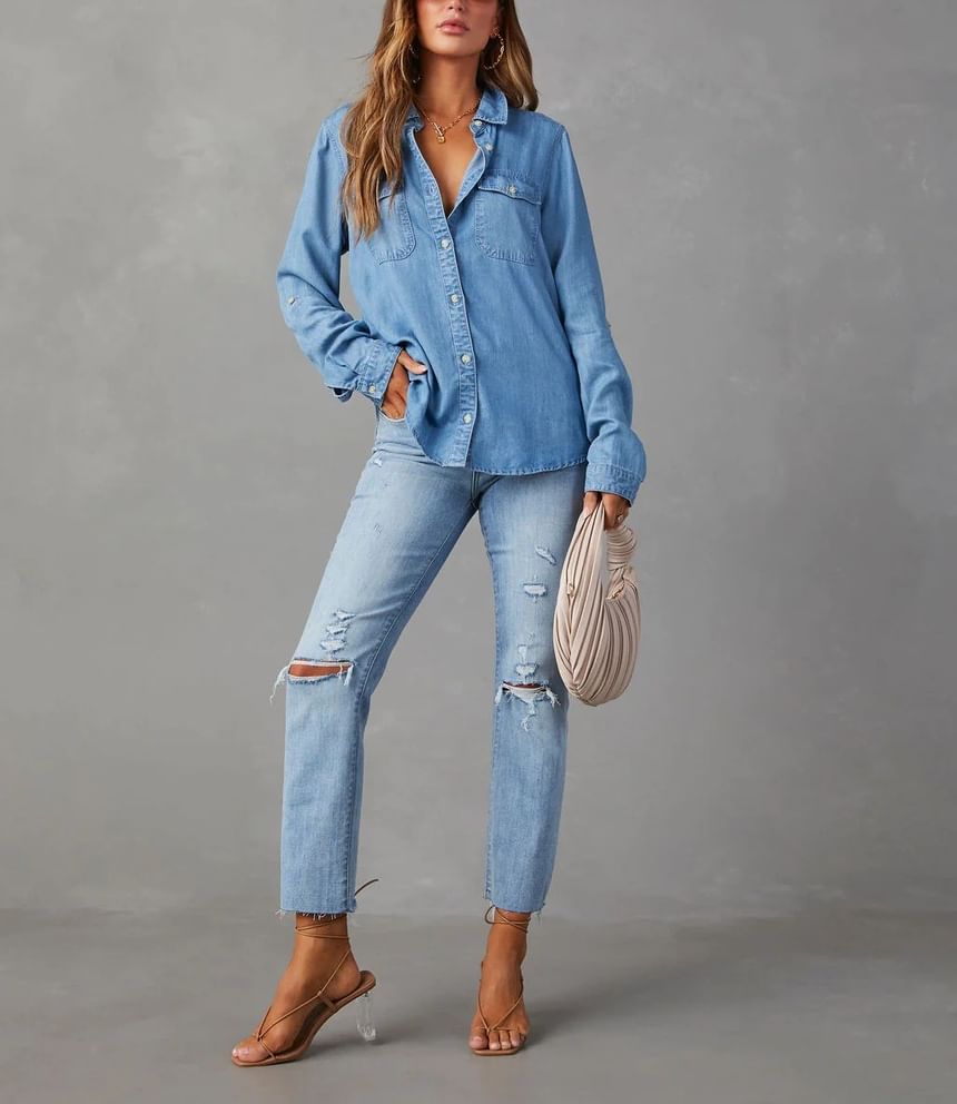 Loose-Fit Shirt Denim Sleeve Long V-Neck