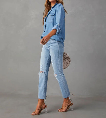 Long Denim Loose-Fit Shirt V-Neck Sleeve