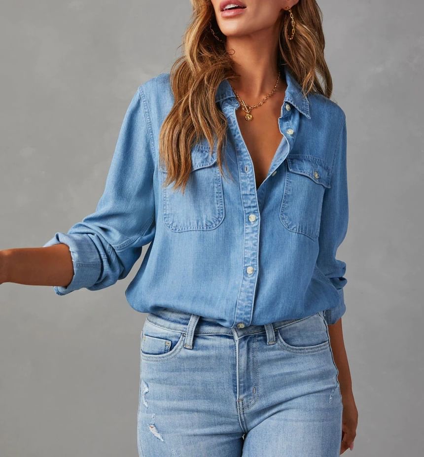 Loose-Fit Shirt Denim Sleeve Long V-Neck
