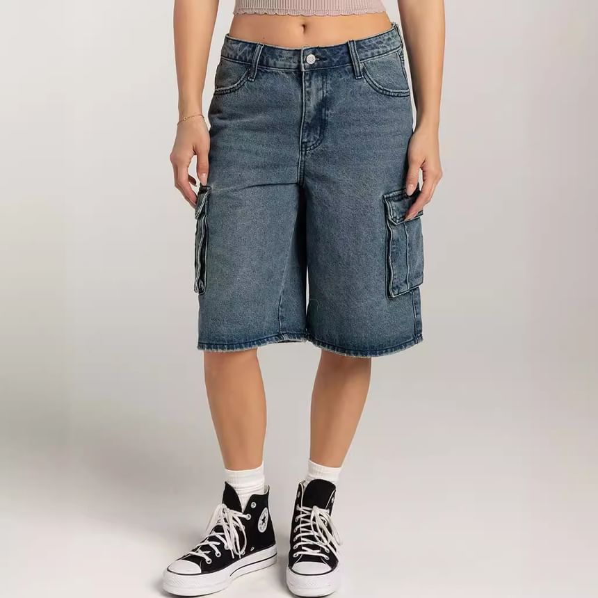 Shorts Waist Pocket Wide-Leg Low Washed Denim