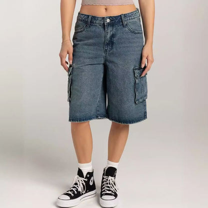 Shorts Waist Pocket Wide-Leg Low Washed Denim