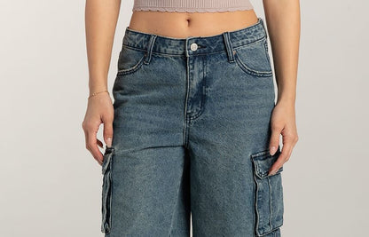 Shorts Waist Pocket Wide-Leg Low Washed Denim