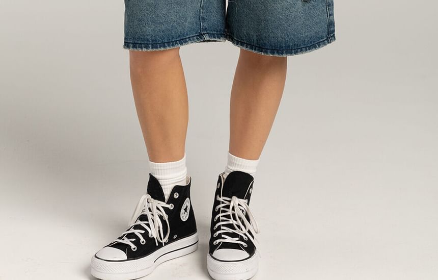 Wide-Leg Low Pocket Denim Washed Shorts Waist