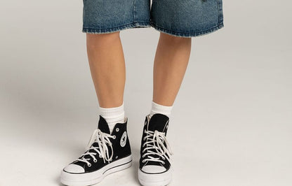 Wide-Leg Low Pocket Denim Washed Shorts Waist