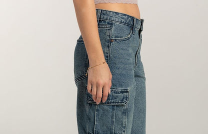 Shorts Waist Pocket Wide-Leg Low Washed Denim