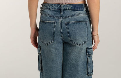 Shorts Waist Pocket Wide-Leg Low Washed Denim