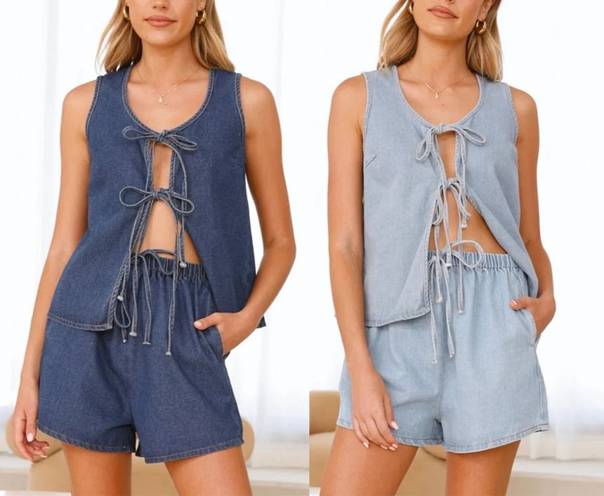 Wide-Leg Set: Mini V-Neck Waist Shorts Top High + Denim Tank Tie-Front