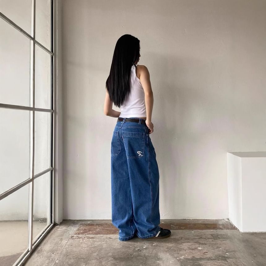 Low Jeans Rise Loose-Fit Washed Wide-Leg
