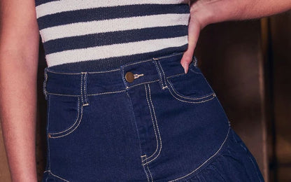 Skirt Cropped Waist High Sleeve Long Washed Mini A-Line Zip-Up Jacket Denim /