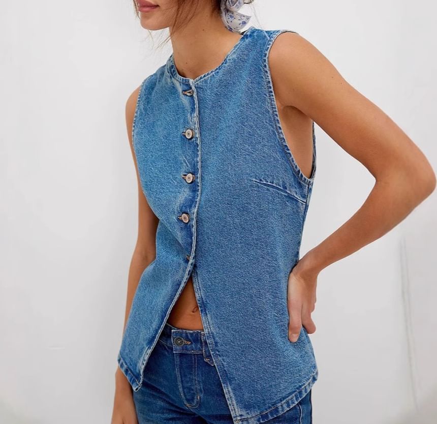 Denim Tank Button-Up Slim-Fit Washed Top