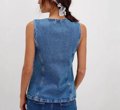 Denim Tank Button-Up Slim-Fit Washed Top