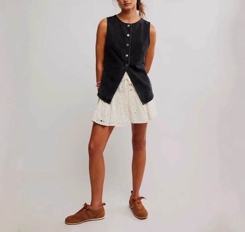 Denim Tank Top Button-Up Slim-Fit Washed