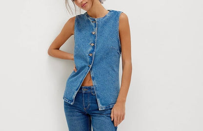 Denim Tank Top Button-Up Slim-Fit Washed