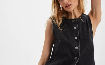 Denim Tank Button-Up Slim-Fit Washed Top