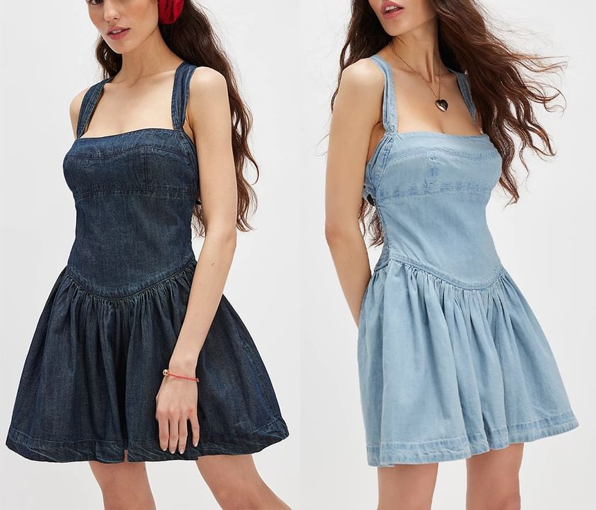 Denim Washed Slim-Fit Mini Sleeveless Dress Square-Neck