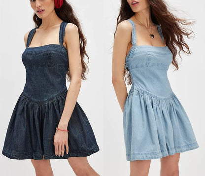 Denim Washed Slim-Fit Mini Sleeveless Dress Square-Neck