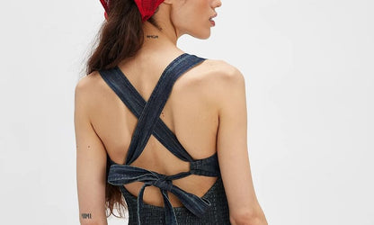 Denim Washed Slim-Fit Mini Sleeveless Dress Square-Neck
