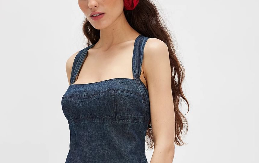 Denim Washed Slim-Fit Mini Sleeveless Dress Square-Neck