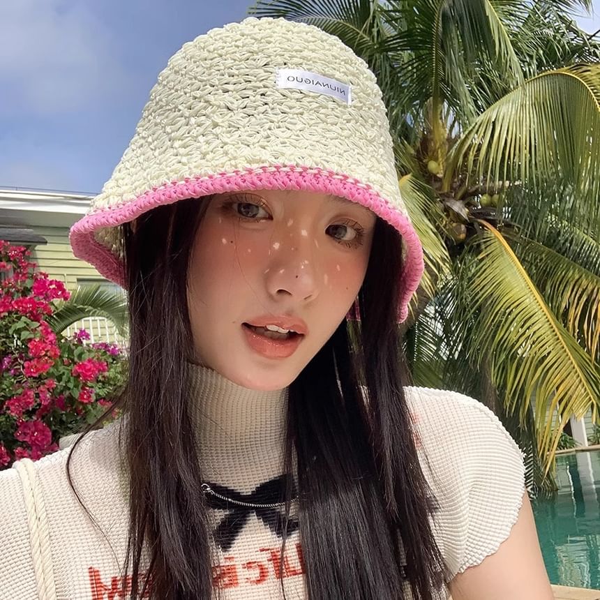 Applique Contrast Bucket Hat Lettering Knit Trim