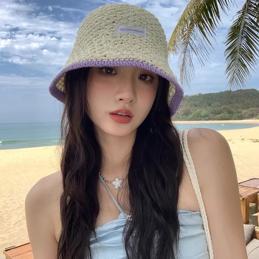 Applique Contrast Bucket Hat Lettering Knit Trim