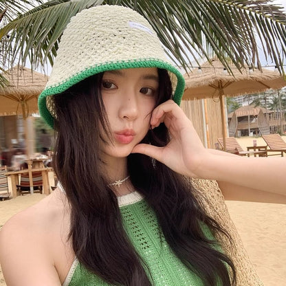 Applique Contrast Bucket Hat Lettering Knit Trim