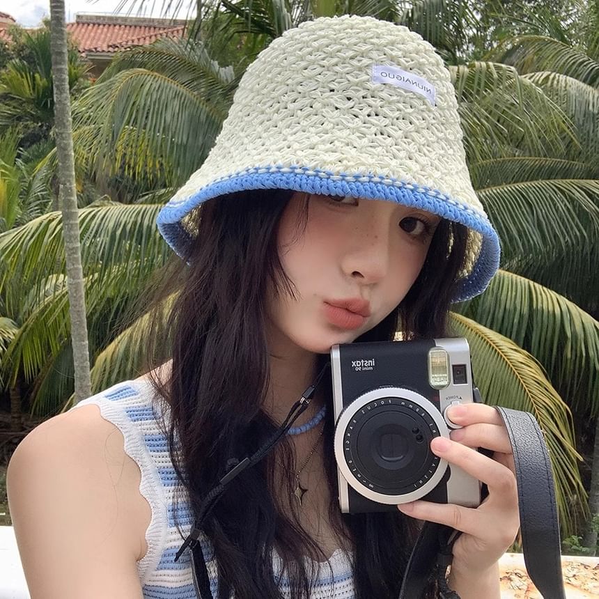 Applique Contrast Bucket Hat Lettering Knit Trim