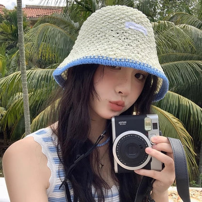 Applique Contrast Bucket Hat Lettering Knit Trim